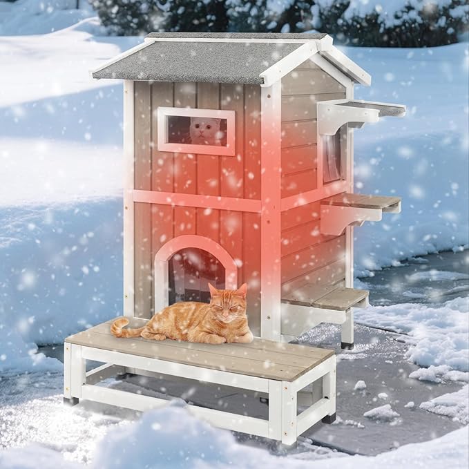 Insulated Cat House, Wood Two Story Outdoor Cat House Weatherproof with Cat Scratching Cloth, 4 Doors, Balcony, Jumping Platforms, Outside Clawsable Feral Cats Shelter for Small Animals, Grey