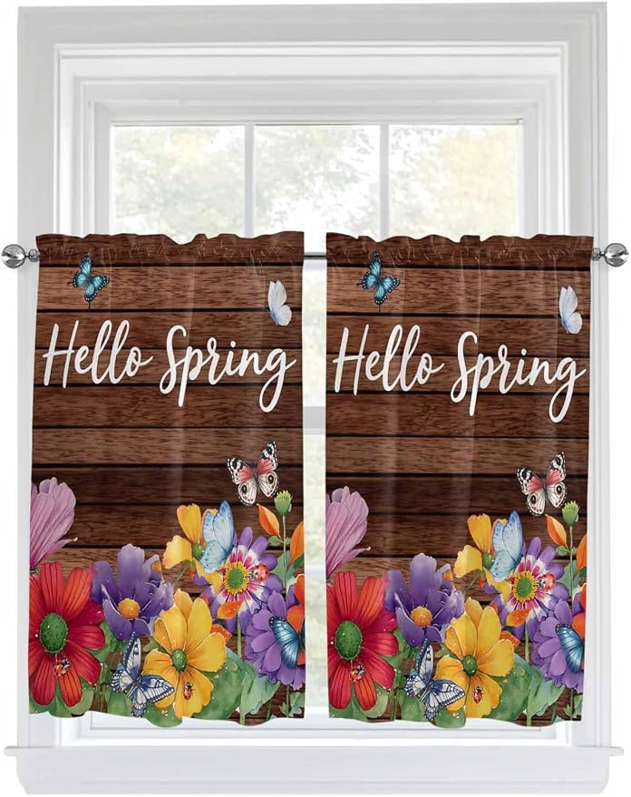 Spring Flowers Kitchen Curtains 45 Inches length, Watercolor Farmhouse Colorful