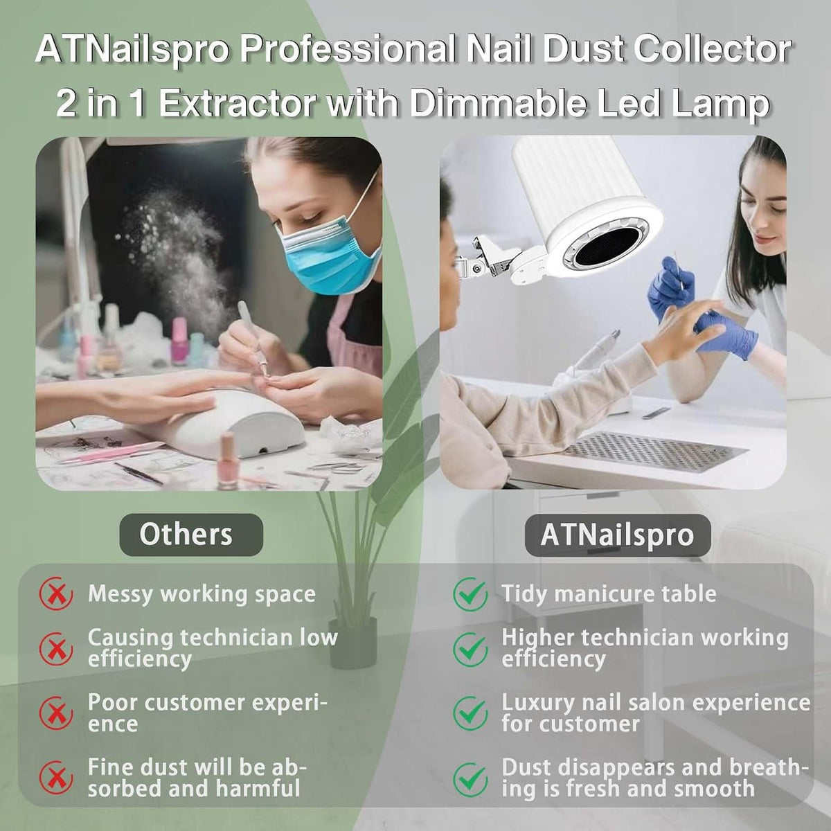 Professional Pedicure Nail Dust Collector, Overhead Nail Tech Manicure Vacuum Cleaner Extractor 80W wIth Desk Clamp Dimmable LED Desk Lamp for Nail Salon Acrylic Gel (3PCS Reusable Filters)