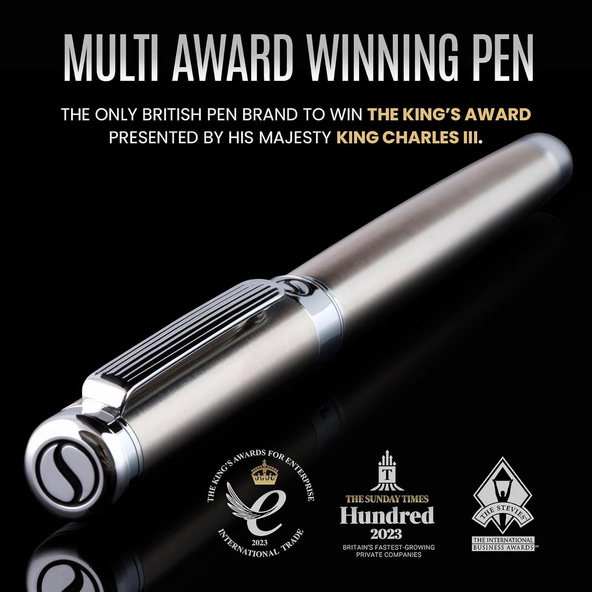 Scriveiner Stainless Steel Rollerball Pen - Stunning Luxury Metal Pen with Silver Chrome Finish, Schmidt Ink Refill, Best Roller Ball Pen Gift Set for Men & Women