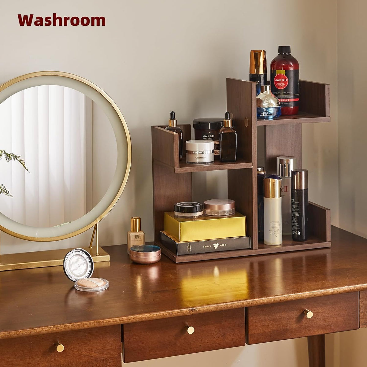 Aibiju Small Bookshelf for Small Space, Unique Cactus Bookcase, Kitchen Counter Shelf Desktop Organization, Light Walnut YD-DSR002LW