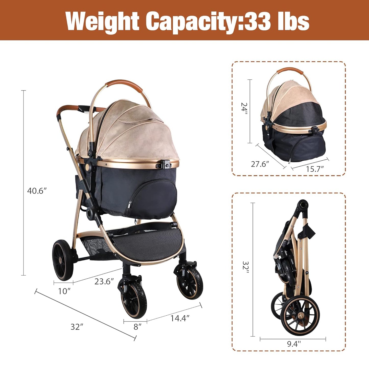 3 in 1 Multifunction Pet Stroller for Small Medium Dogs Cats, No-Zip Dog Stroller with Detachable Carrier & Cup Holder, One-Hand Quick Fold, 4 Wheels Travel Foldable Aluminum Alloy Frame Up to 33 lbs