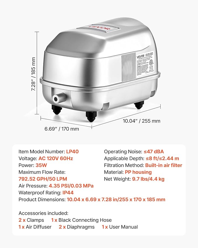VEVOR Linear Air Pump, 792 GPH High Output Aerator