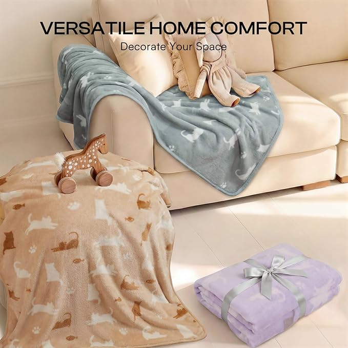 Luciphia 1 Pack 3 Blankets, Cute Cat Printed Fluffy Fleece Pet Blanket for Dogs Cats Washable, Warm Soft Throw Cover for Crate Couch, Gifts Puppy Essentials, Purple/Grey/Khaki, Medium (30x20 inch)