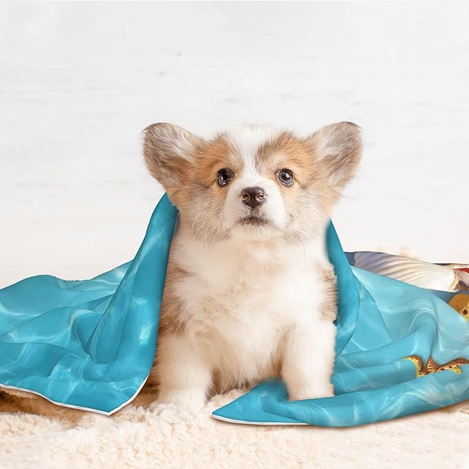 Waterproof Dog Blanket Soft Pet Blanket for Puppy Cat, Fleece Cat Throw Blankets for Furniture Bed Couch Sofa Reversible - Coral and Seashell On The Beach