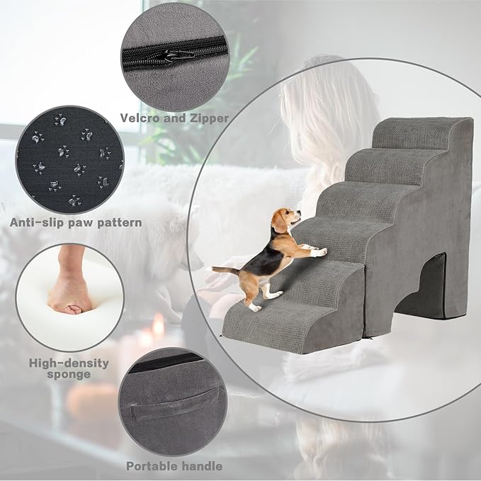 Dog Stairs for High Beds 25-30 inches Tall, 6-Step Dog Steps for High Bed for Doggies/Kitties, 30D Foam Pet Stairs Steps for Small Dogs, Doggie Ramp/Ladder for Old Dogs/Cats, Grey