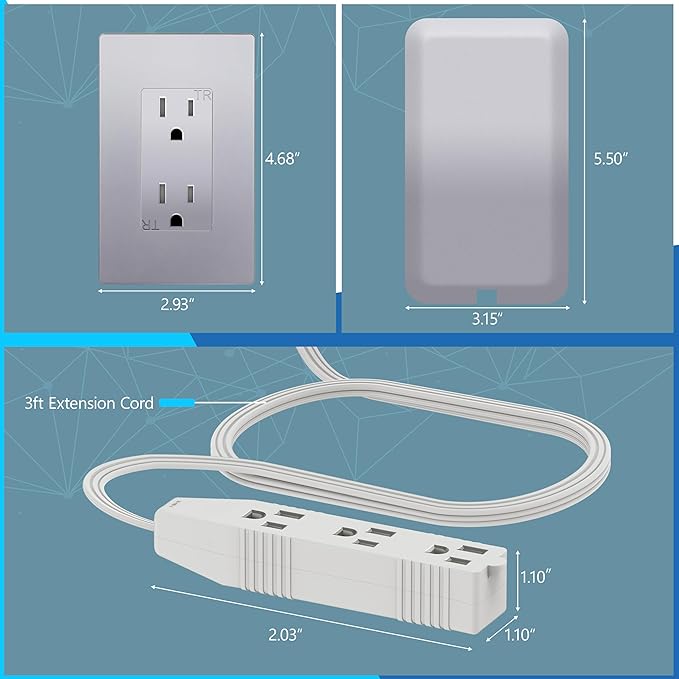 LIDER Flat-Face Outlet Extender with 3 Receptacles, Ultra-Thin Wall Plate Plug with Cord Extender and 3-Outlet Power Strip, 3ft Cord, ETL Listed, LWE3-315-SV, Silver