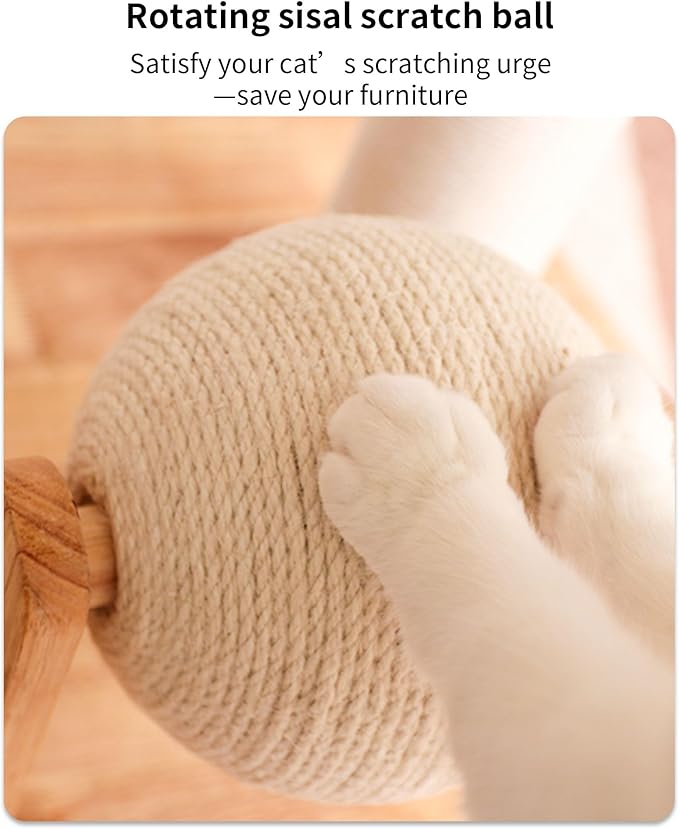 Wood Cat Tree for Large Cats, Modern Cat Tree Tower with Wide Shelves Cotton Scratching Posts, Super Sturdy Base, Cozy Perches, and Interactive Toys for Indoor Kittens