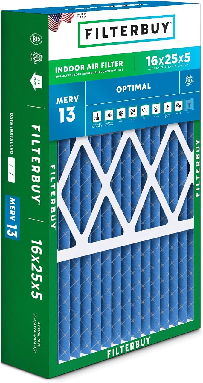 Filterbuy 16x25x5 Air Filter MERV 13 Optimal Smoke & Allergy Defense, Pleated