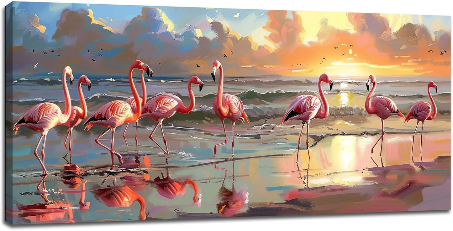 Large Flamingo Wall Art for Living Room Beach Colorful Flamingo Art Big Space Size Framed Ocean Canvas Prints Pictures Painting Artwork Office Bedroom Home Decor 60"x30"