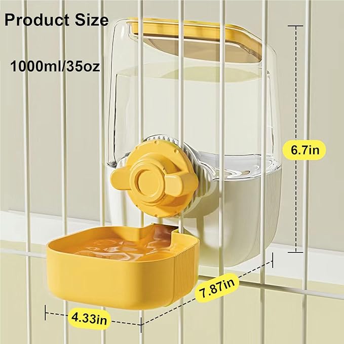 35oz Rabbit Water Bottle, Pet Hanging Automatic Water Dispenser for Small Animal Ferret Guinea Pig Chinchilla Dog Cat (Cage Grid Spacing 1.1''-2.1'') (Yellow)