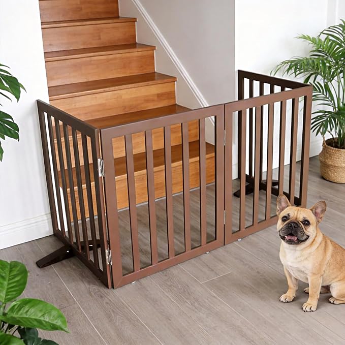 ZJSF Freestanding Indoor Dog Gate for House Foldable Wood Puppy Gate for Doorways Pet Gate for Stairs Extra Wide Pet Fence, Brown, 32" Height 6 Panels