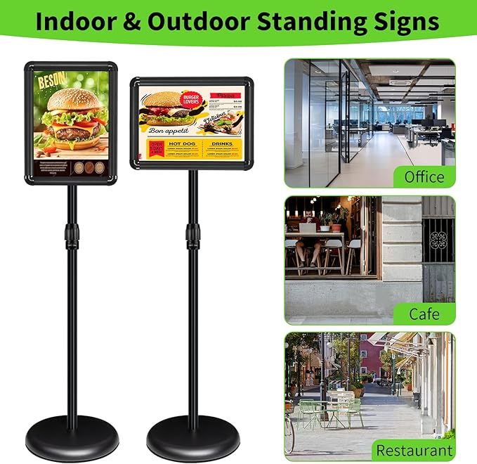Adjustable Pedestal Sign Holder Stand 8.5''x11'', Floor Standing Poster Sign Stand, Aluminum Frame for Vertical/Horizontal View Sign Stand,Outdoor/Indoor Standing Sign Holders(Black, Round)