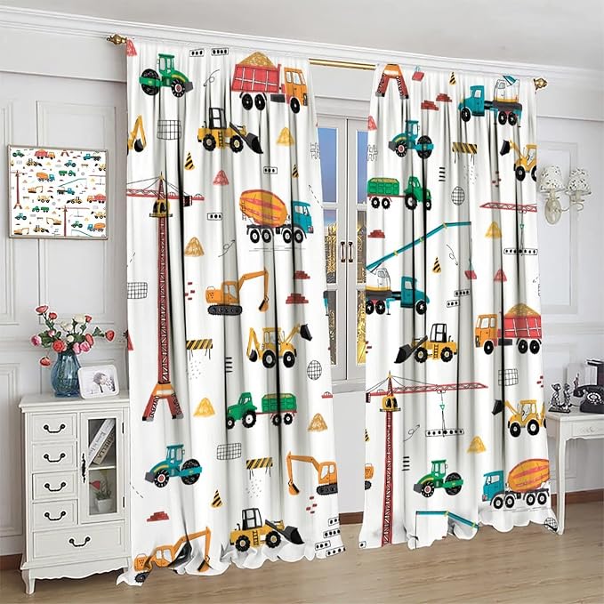 Construction Window Curtains, Kids Cartoon Construction Machines Building Hand