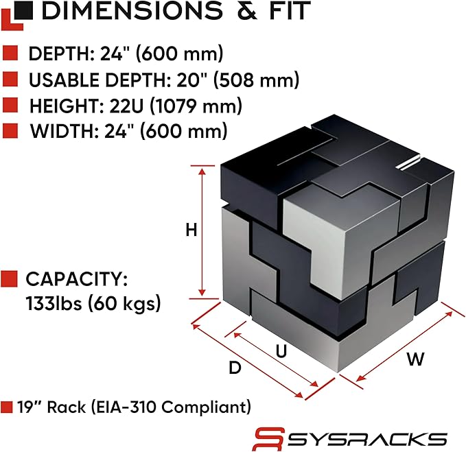 Sysracks 22U Wall Mount Server Rack Cabinet, 19” Locking Network Rack, 24” Deep