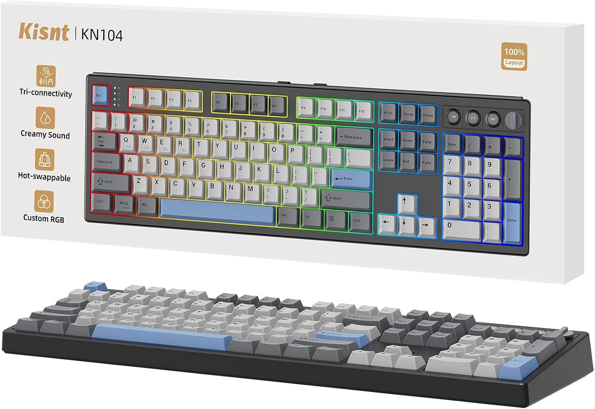 Kisnt KN104 Wireless Mechanical Keyboard, 100% Full Size with Knob, Bluetooth/2.4GHz/USB-C, Custom RGB Backlit, Hot-Swappable Linear Switch, Creamy Sound for Gaming/Typing (Carbon Black)