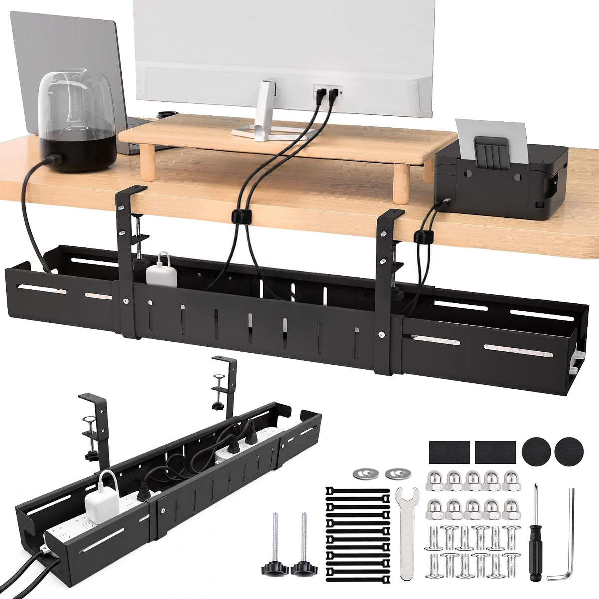 Under Desk Cable Management Tray-No Drill Clamp Moun，Expandable 25.2"–38.6"