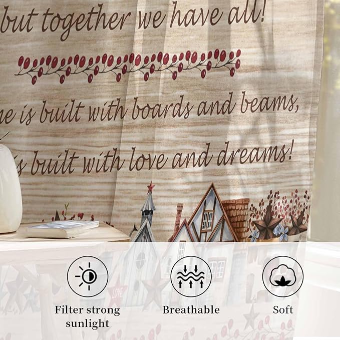 Farmhouse Sheer Curtains 45 Inch Length Brown Country Star Berry Vintage Wood