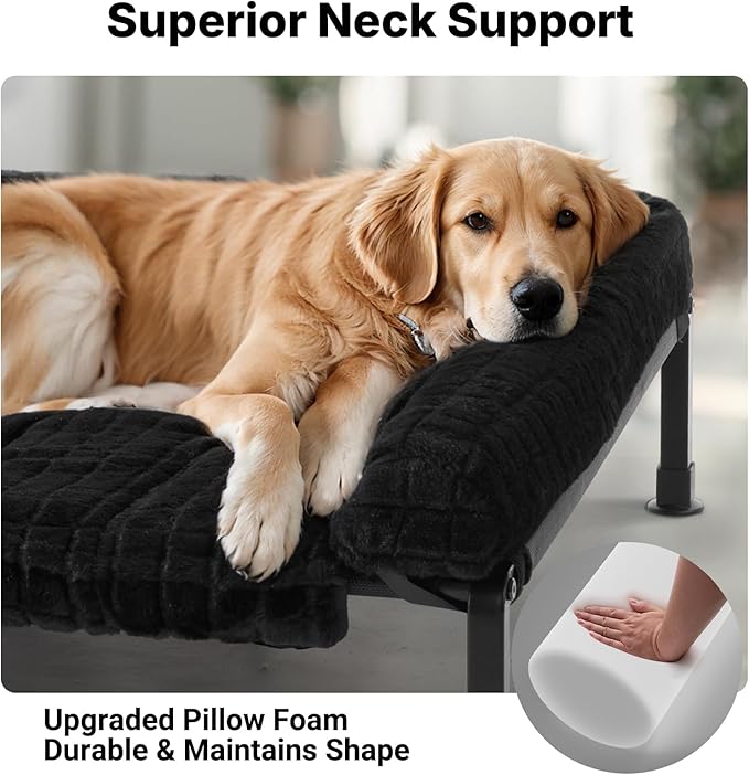 Veehoo Elevated Dog Beds Large Sized Dog with Fluffy Plush Bolster Cushion, Washable Orthopedic Dogs Couch Bed, Raised Pet Cot with Removable Mat, Breathable Mesh, No-Slip Feet, 53 x 37 inches, Black