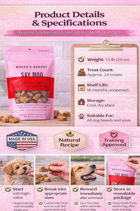 Say Moo Dog Treats. Bocces Bakery. Soft & Chewy Beef & Cheddar Recipe. 1.5 lb.