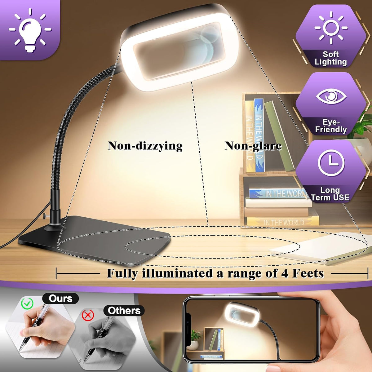 10X 30X Large Magnifying Glass with Light and Stand