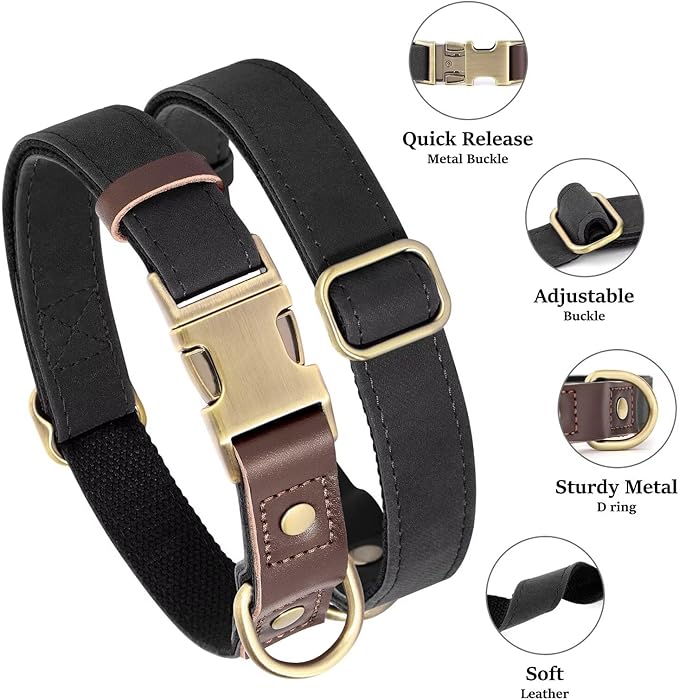 Didog Soft PU Leather Dog Collars for Medium Dogs,Classic Adjustable Dog Collars with Quick Release Metal Buckle,Easy Clean and Comfortable with Nylon Lining,Black,M Neck 14-19"