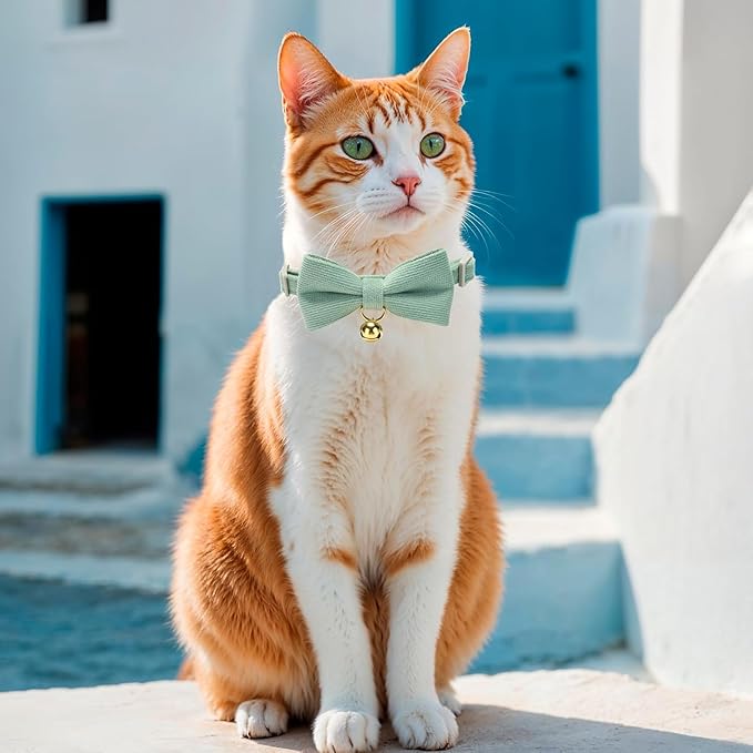 Cotton Breakaway Kitten Collar with Bow Tie and Bell Adjustable Cute Soft Corduroy Cat Collars for Small Cats(Grass Green,XS)
