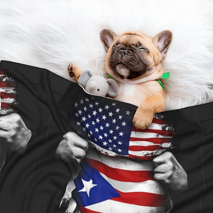 Reversible Dog Blanket for Beds Couches, American Puerto Rico Flag Pull Apart Black, Double Sided Cat Blanket with Textured Dot Feel and Smooth Feel for Seasonal Comfort All Year