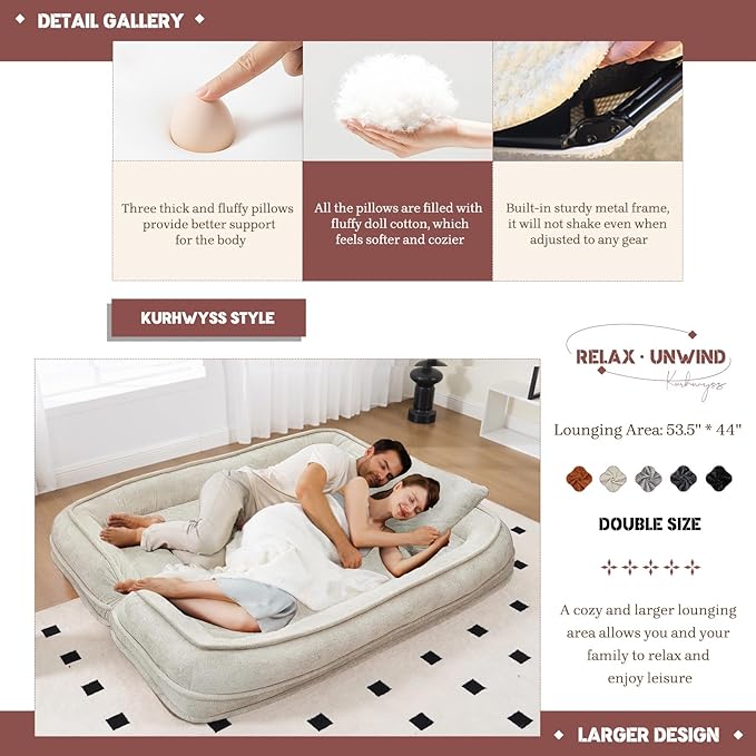 Extra Large Human Dog Bed for Adult & Pets, Convertible Floor Sofa Bed with 5 Adjustable Position, Lazy Couch Giant Bean Bag Lounge Chair Comfy Tatami with 3 Pillows for Bedroom Living Room (Beige)