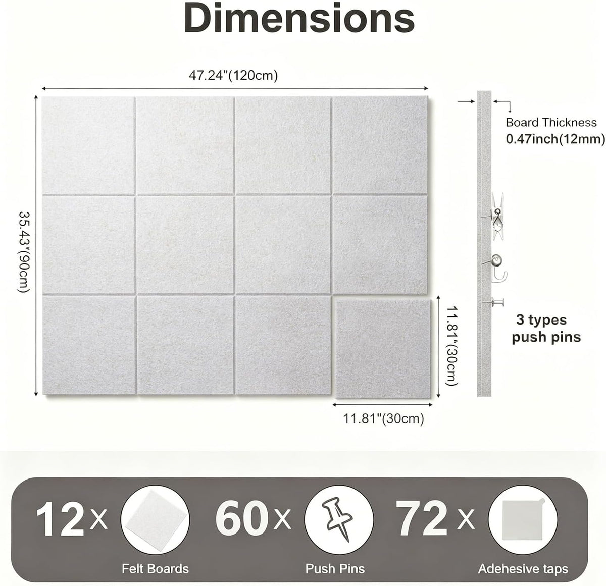 Felt Wall Tiles Bulletin Board Large Cork Board Alternative 12 Pack 11.81”x11.81”x0.47” Felt Pin Board Tack Board with Safe Removable Adhesive Tabs for Home Office School 48x36(Light Camel)