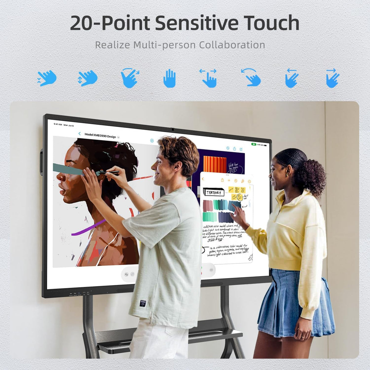 75" Smart Board for Business, Interactive Whiteboard with Multi-Touch, 4K Electronic Board with Screen Sharing, Bluetooth/WiFi/HDMI, Camera & Mic, Android 14, 8+128G (Wall Mount Included)