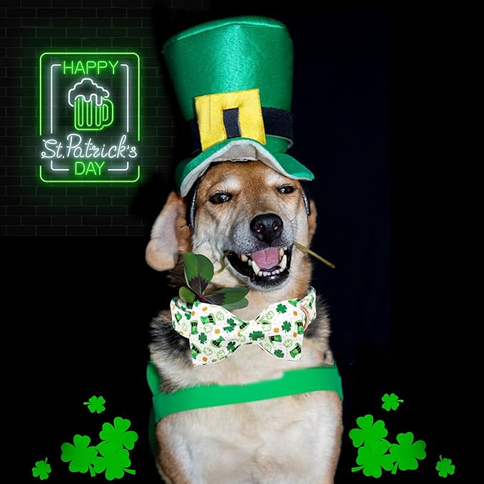 Lionheart glory Dog Bow Collar St. Patrick's Day Dog Collar for Small Dogs, Adjustable Green Collars Lucky Clover Shamrock Dog Collar with Bowtie Pet Collar Bows