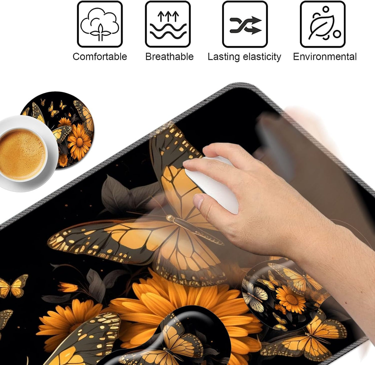 Keyboard Mouse Pad Set,Large Mouse Pad+Keyboard Wrist Rest+Wrist Support+Coaster,31.5x11.8in Extended Desk Mat for Computer Laptop Office Home- Flower Butterfly