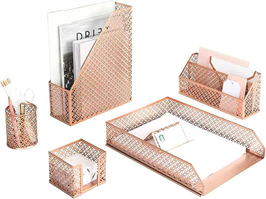 BLU MONACO | Rose Gold Desk Organizer Set | 6 Piece Metal Office Desk Organizer with Mail Sorter, Pen Cup, Sticky Note Holder, Magazine File, Card Holder, Paper Tray | Desk Organizers and Accessories