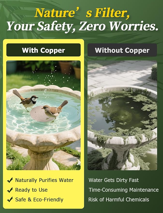 Mellbree 4-Pack Bird Bath Copper Disk, 0.6mm Reinforced 99.99% Pure Copper Cleaning Disk with Triple-Point Support for Physical Safe Clean Water All-Season (Sunflower)