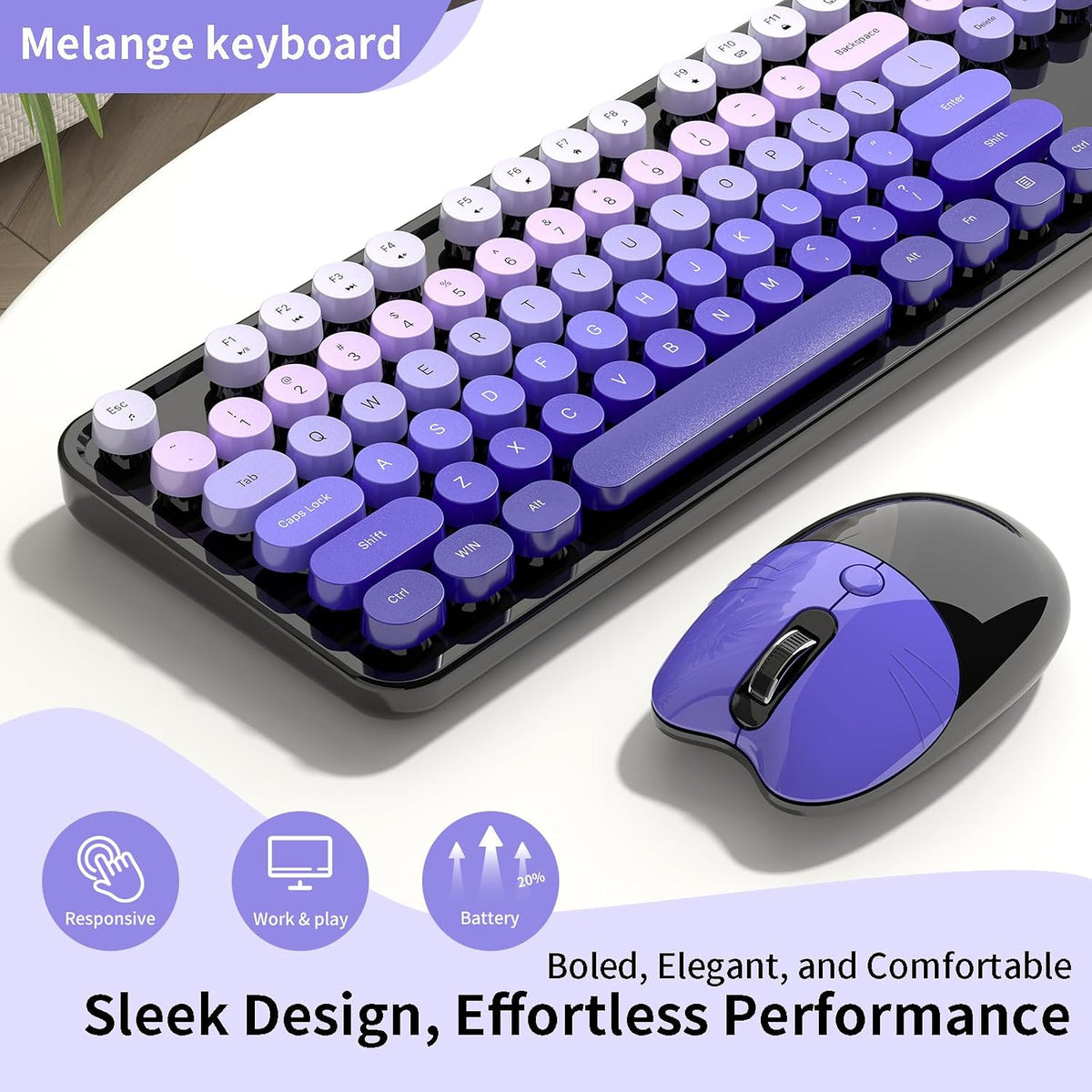 Wireless Keyboard and Mouse, 104 Round Keycaps Retro Typewriter Purple