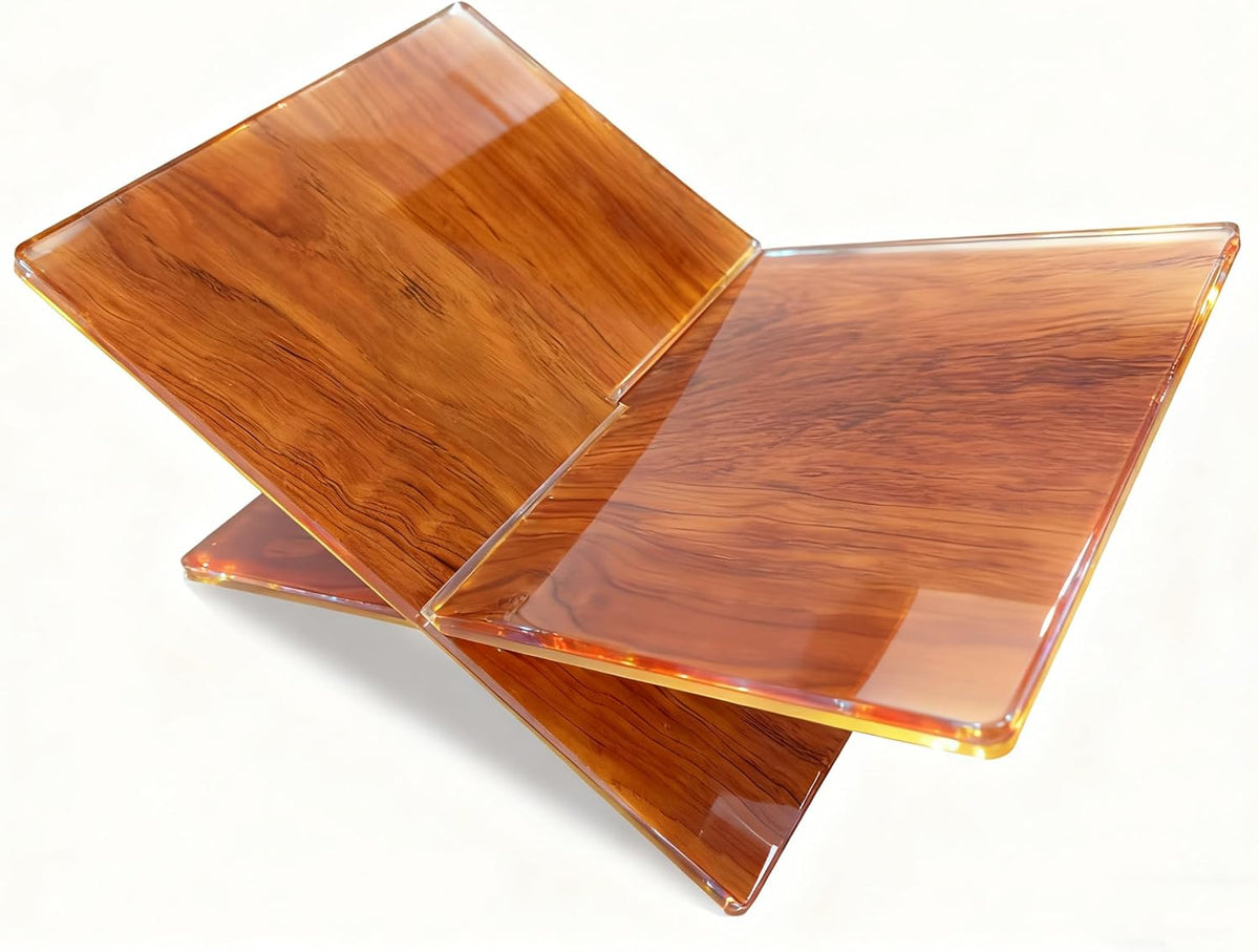 Wood Grain Acrylic Book Stand, X-Shaped Open Book Display Stand & Cookbook Holder for Kitchen Counter, Coffee Table, Bible, Quran, Magazines, Textbooks, Recipes