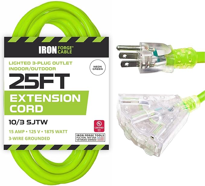 Iron Forge Cable 3 Outlet 10 Gauge Extension Cord 25 ft, 10/3 Heavy Duty Extension Cord with Multiple Plugs 3 Prong, SJTW Weatherproof Outdoor Power Cable Multi Outlets for Major Appliances
