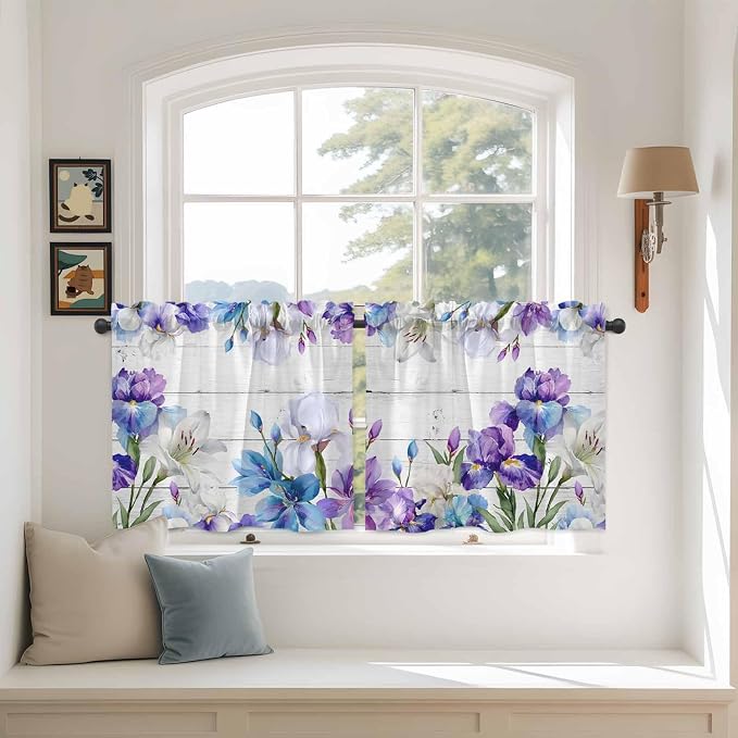 Spring Flowers Tier Curtains, Watercolor Garden Florals Wooden Grain Light