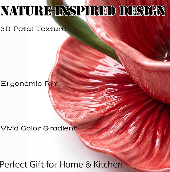 10 oz Tea Cups and Saucers, Flower-Shaped Ceramic Latte Art Cappuccino Cup and