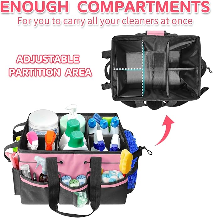 Boczif Cleaning Caddy Bag Wearable, Cleaning Caddy Supplies Organizer with Handle, Shoulder Straps & Detachable Divide, Cleaning Tool Organizers Tote Bag for Cleaners & Housekeepers(Pink)