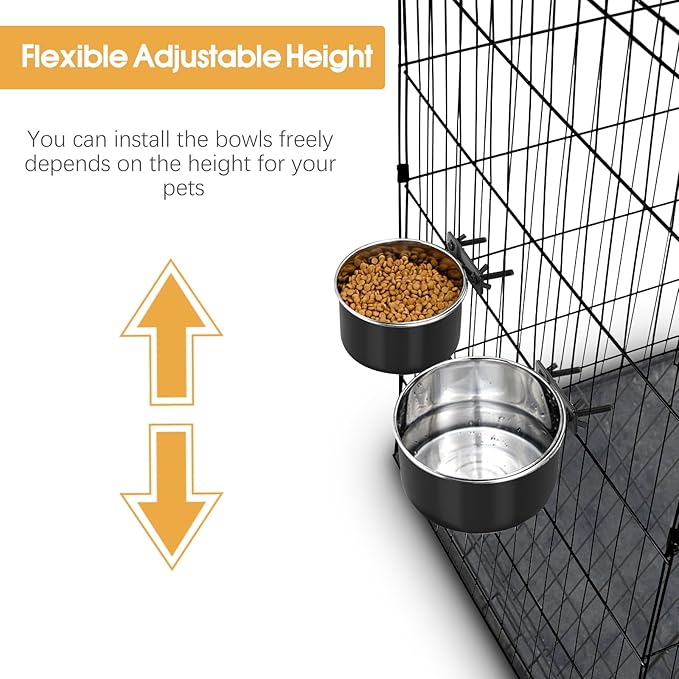 2 Pcs Black Large Pet Dog Food Water Bowl for Cage Stainless Steel Non-Spill Kennel Hanging Cats Bowls with Clamp Holder Crate Feeder Dish for Medium Large Dogs Huge Pets (7.1x3.5'' & 6.3x2.6'')