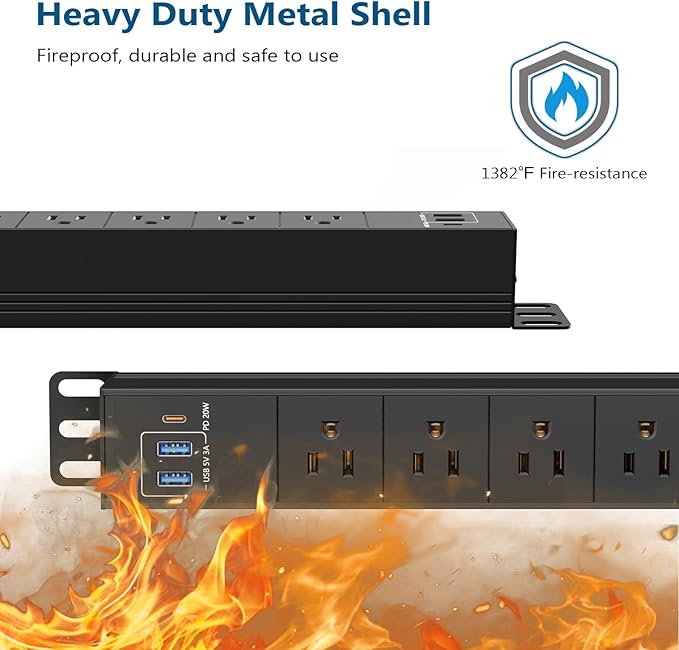 8 Outlet Heavy Duty Power Strip with USB PD 20W, BTU Surge Protector 6FT Cord Long Power Strip with USB A & USB C, Wide Spaced and Wall Mount Metal Powerstrip for Home Office Garage Workshop