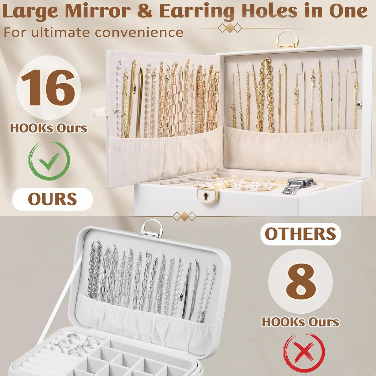 3 Layer Jewelry Boxes for Women with Mirror Large Jewelry Organizer Box with 2 Jewelry Organizer Drawer PU Lockable Elegant Unique Gifts for Women, White