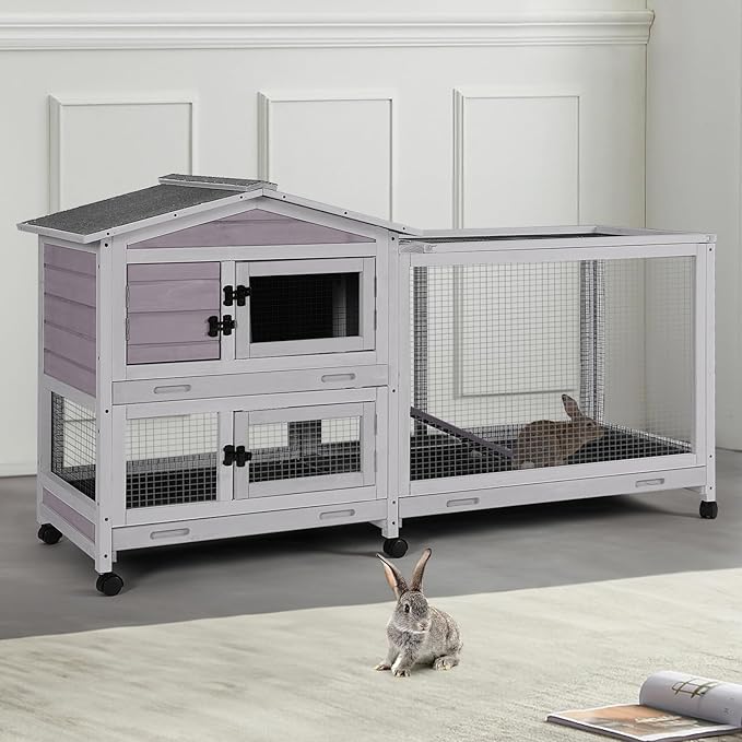 Indoor/Outdoor Rabbit Hutch with Pull-Out Tray, Weatherproof Bunny Cage & Attached Run - Also for Chickens (Grey, L)