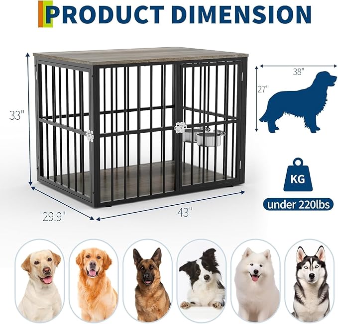 43 Inch Indoor Wooden Dog Crate Side Table, Furniture Style Pet Cage with Double-Door Access and Adjustable Food Bowl, Heavy-Duty Dog Kennel for Medium and Large Breeds