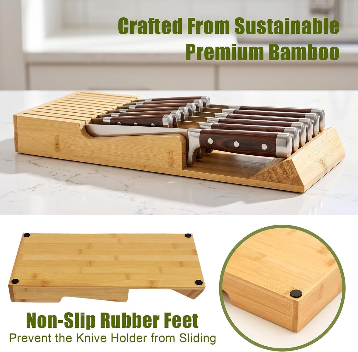 Bamboo Kitchen Drawer Knife Block, In drawer Knife Holder, Knife Drawer Organizer fit for 13 knives