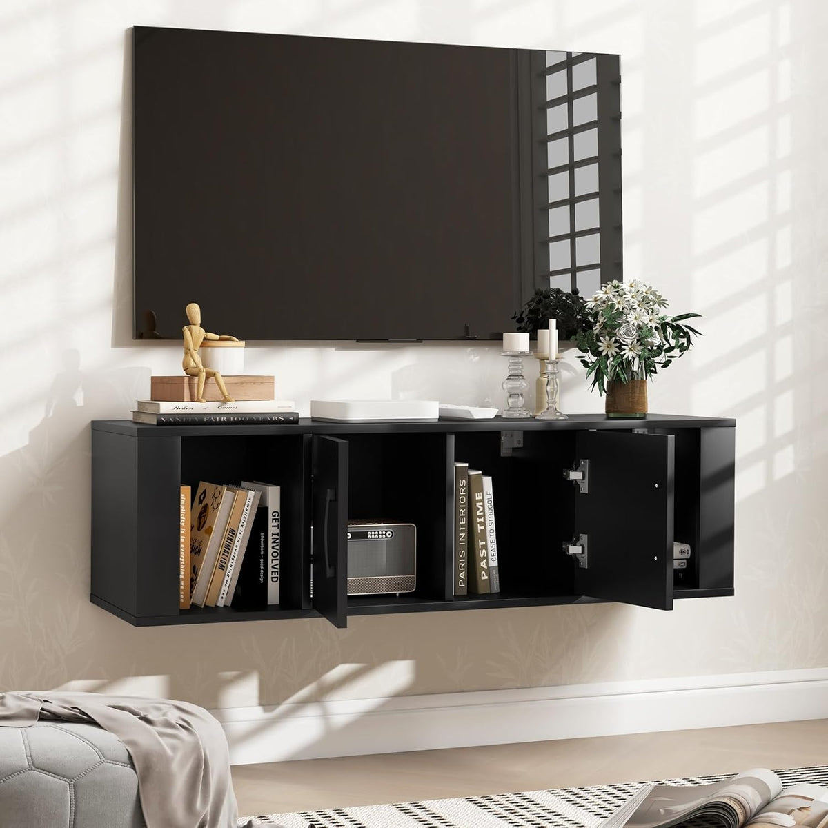 GIANTEX Wall Mounted Storage Cabinet, 2 Cube Floating Desk with Doors,Black
