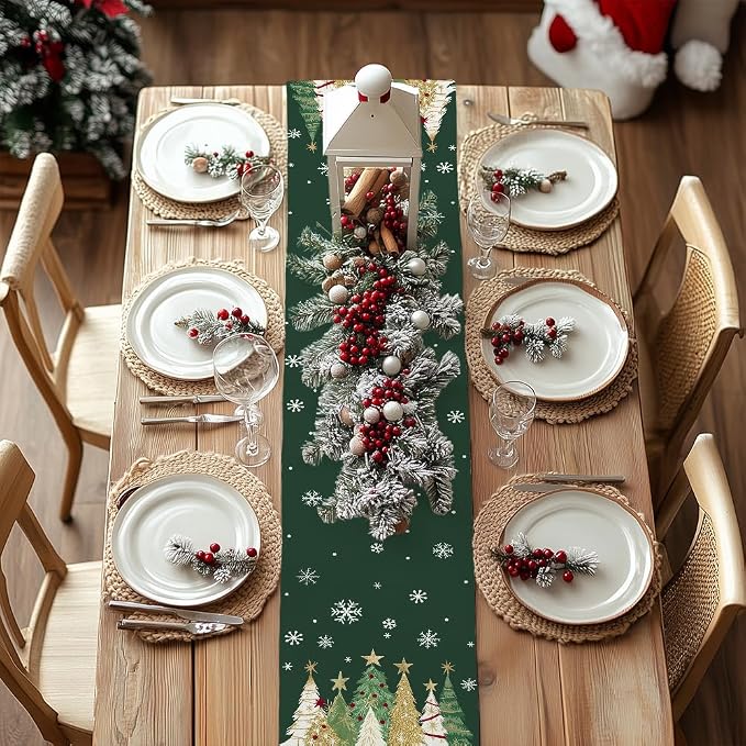 Christmas Table Runner 13x120 Inch, Xmas Trees Snowflakes Holiday Decorative