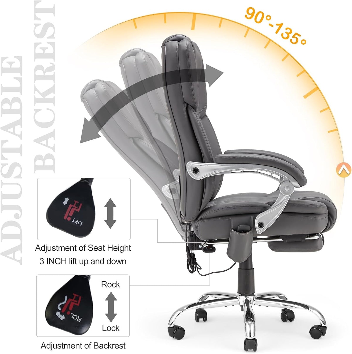 HOMREST Heated Massage Executive Office Chair with Footrest, Grey